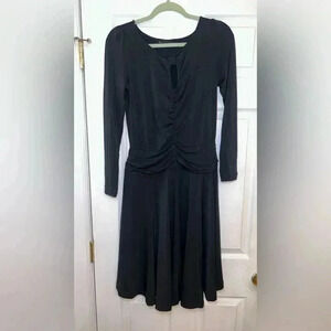 Eci New York Vintage Chic Black Midi Dress with Keyhole & Ruching Size 8P
